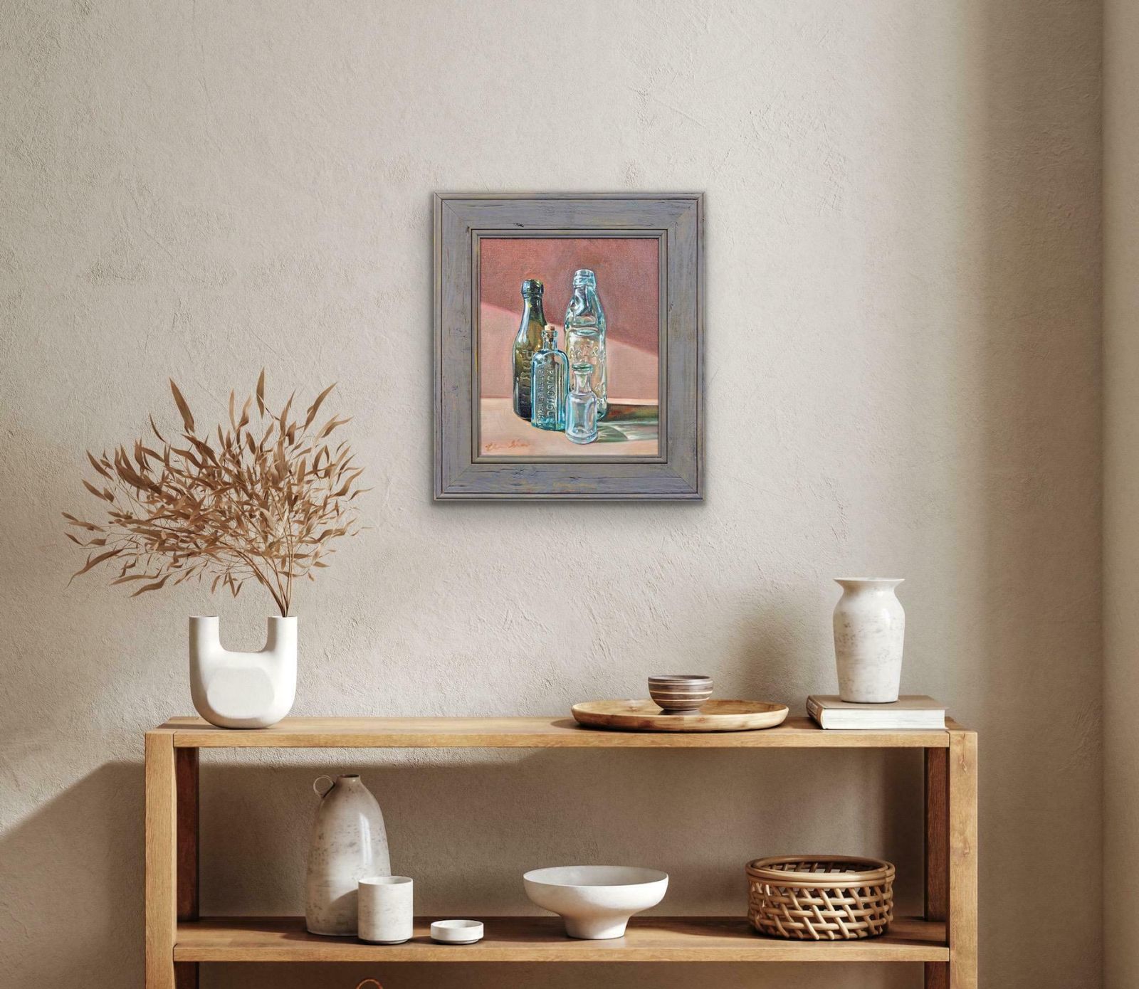 photo furniture Elin Sian Blake. Welsh.  Antique Bottle Collection. Chemist Shop. Oil Painting.