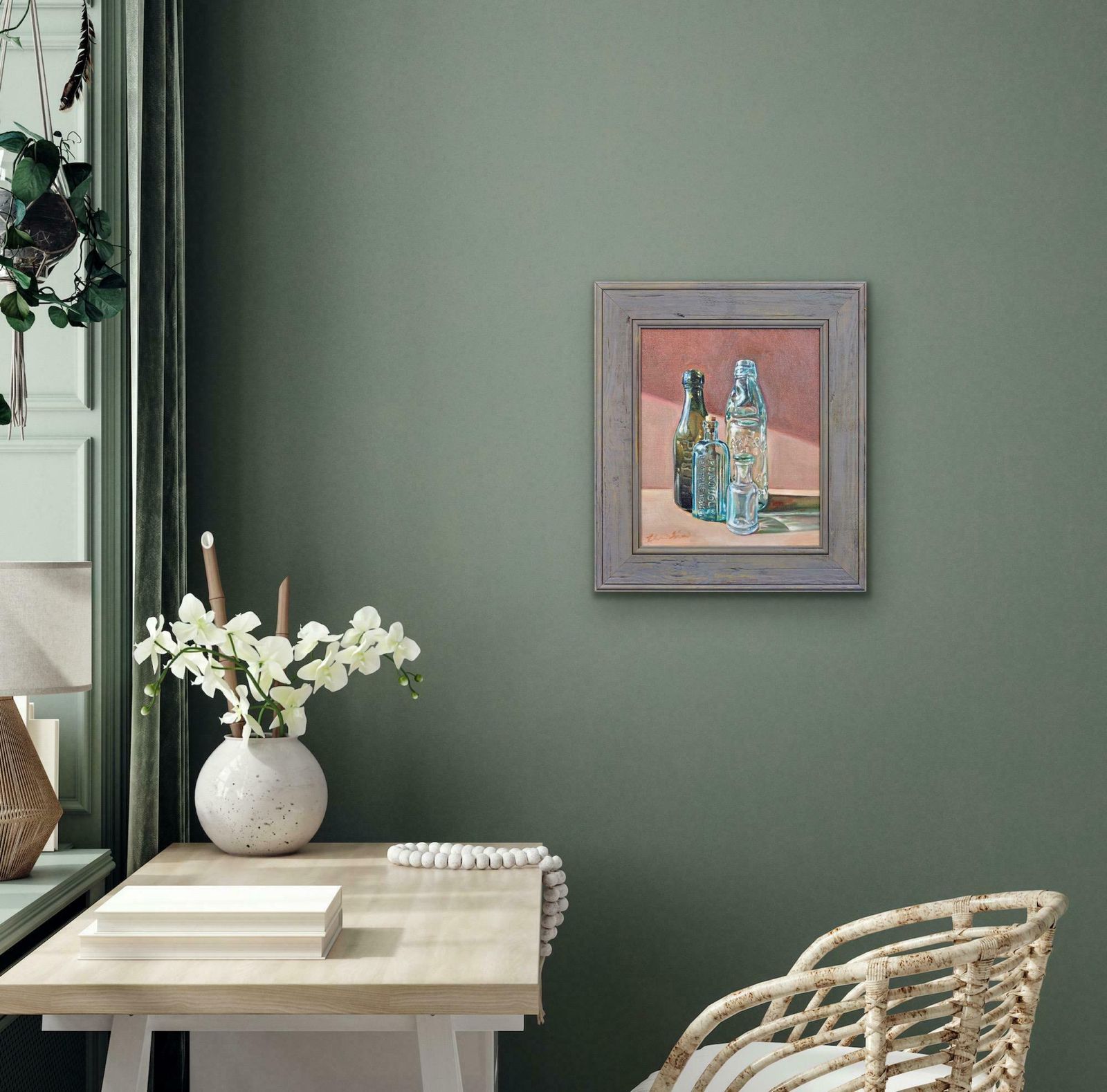 2895.0 Elin Sian Blake. Welsh.  Antique Bottle Collection. Chemist Shop. Oil Painting. photo