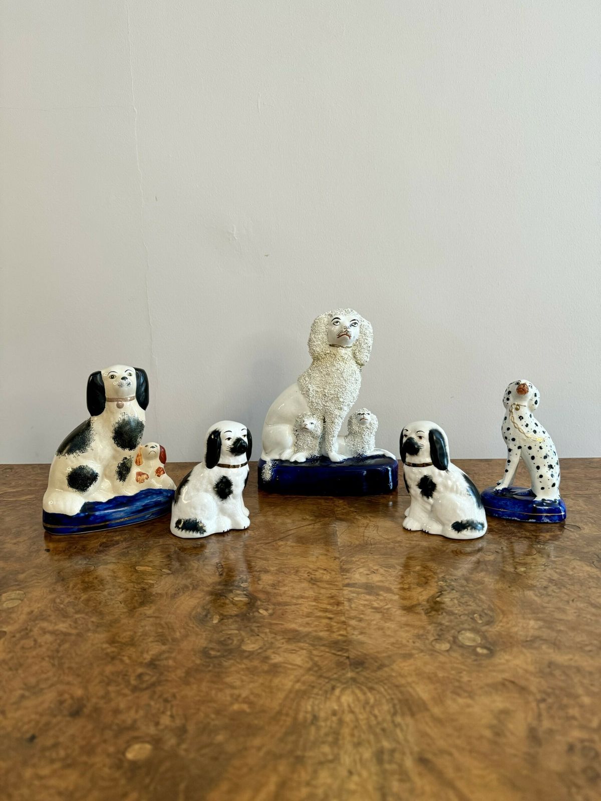 Unusual Collection Of Five Antique Staffordshire Dogs