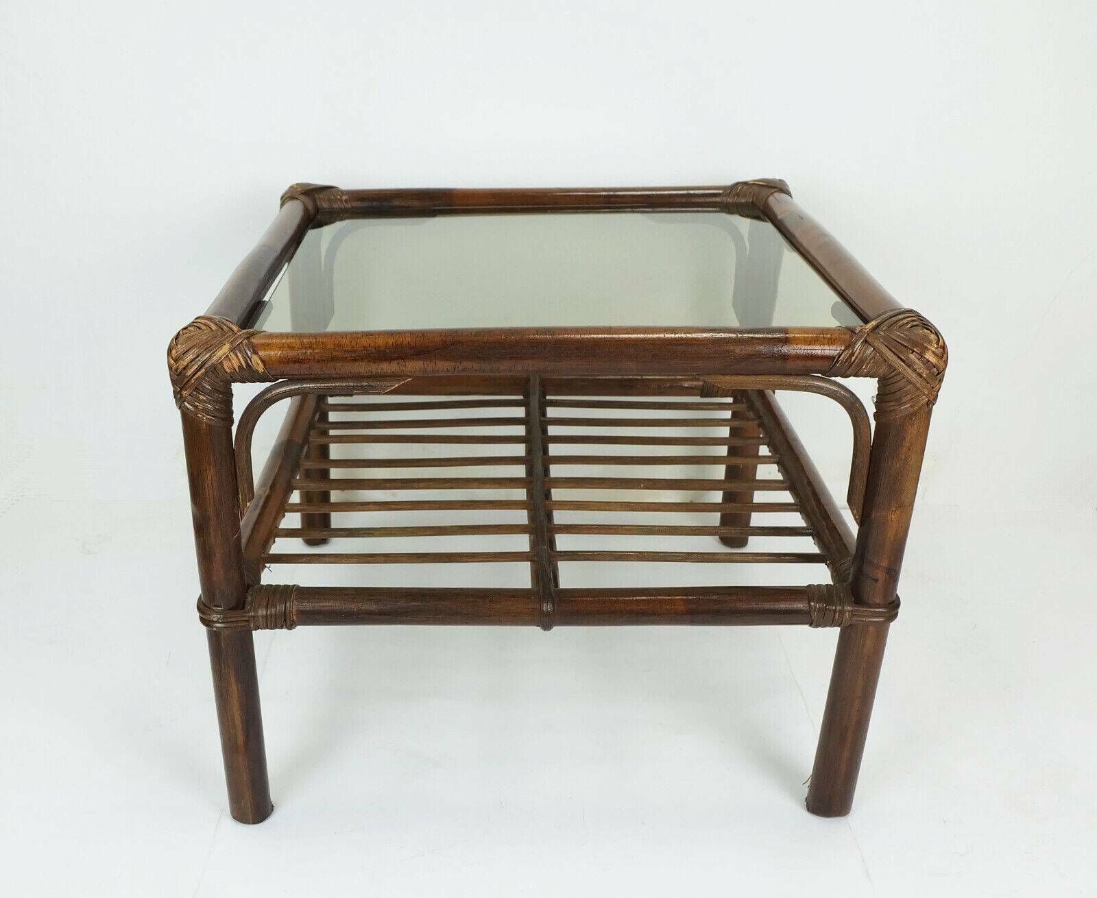 photo for sale 1970s Mid Century Side Table Coffee Table Bamboo Wicker Glass