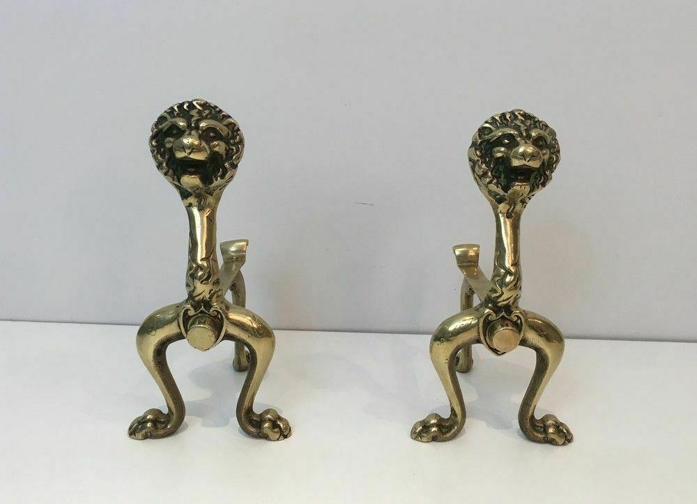 Pair Of Bronze Andirons With Lions photo furniture