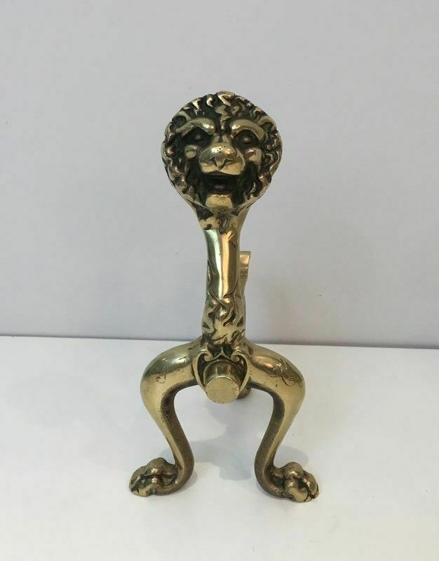 Pair Of Bronze Andirons With Lions photo vinterior
