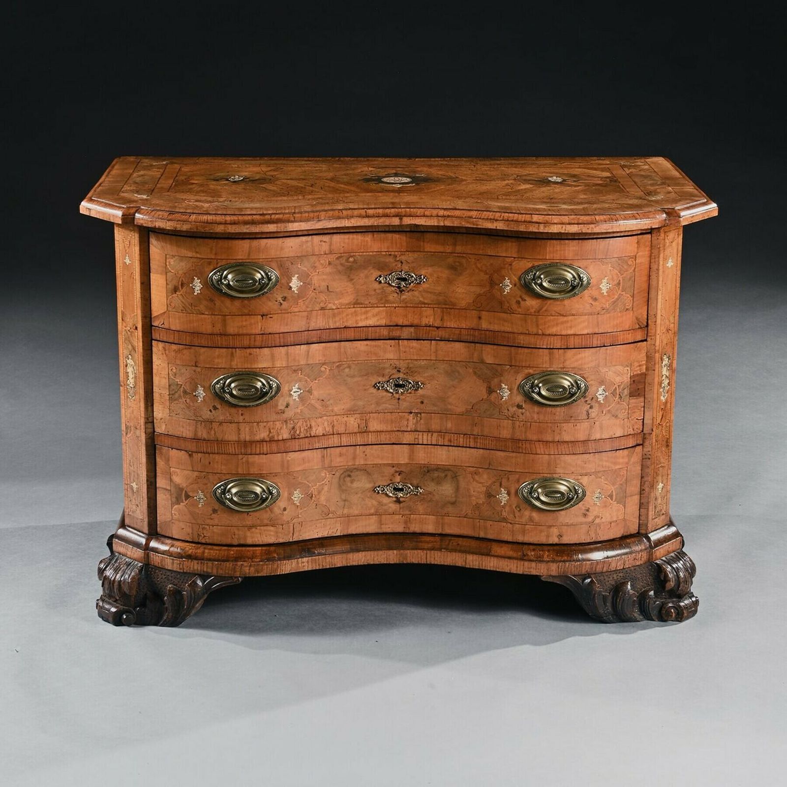 Rare Mid 18th Century German Walnut Pewter And Ivory Marquetry Serpentine Commode