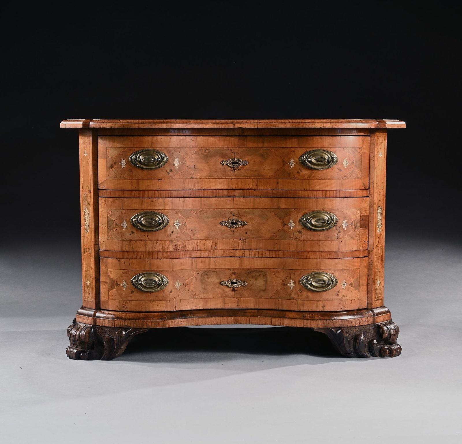 Rare Mid 18th Century German Walnut Pewter And Ivory Marquetry Serpentine Commode photo for sale