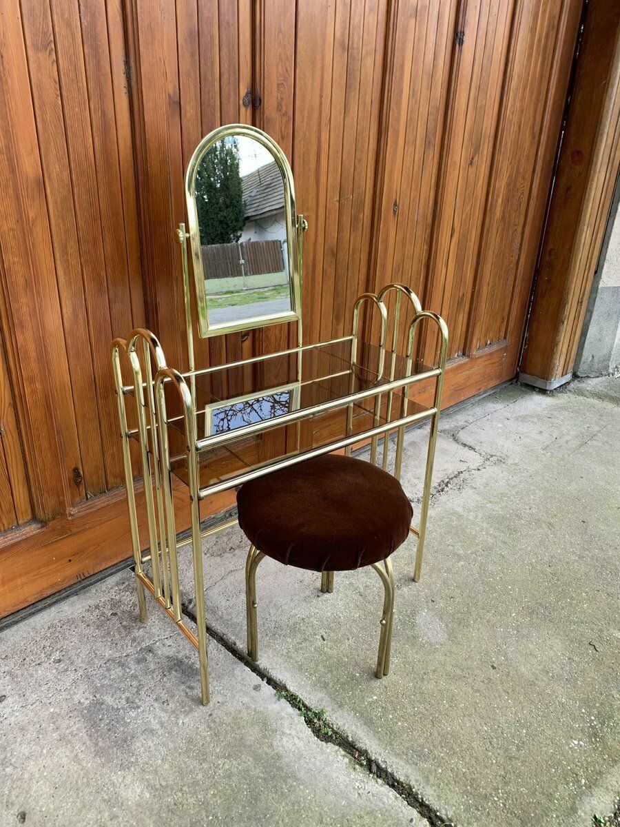 Vintage Dressing Table And Stool In Brass, 1950s, Set Of 2 photo Furniture