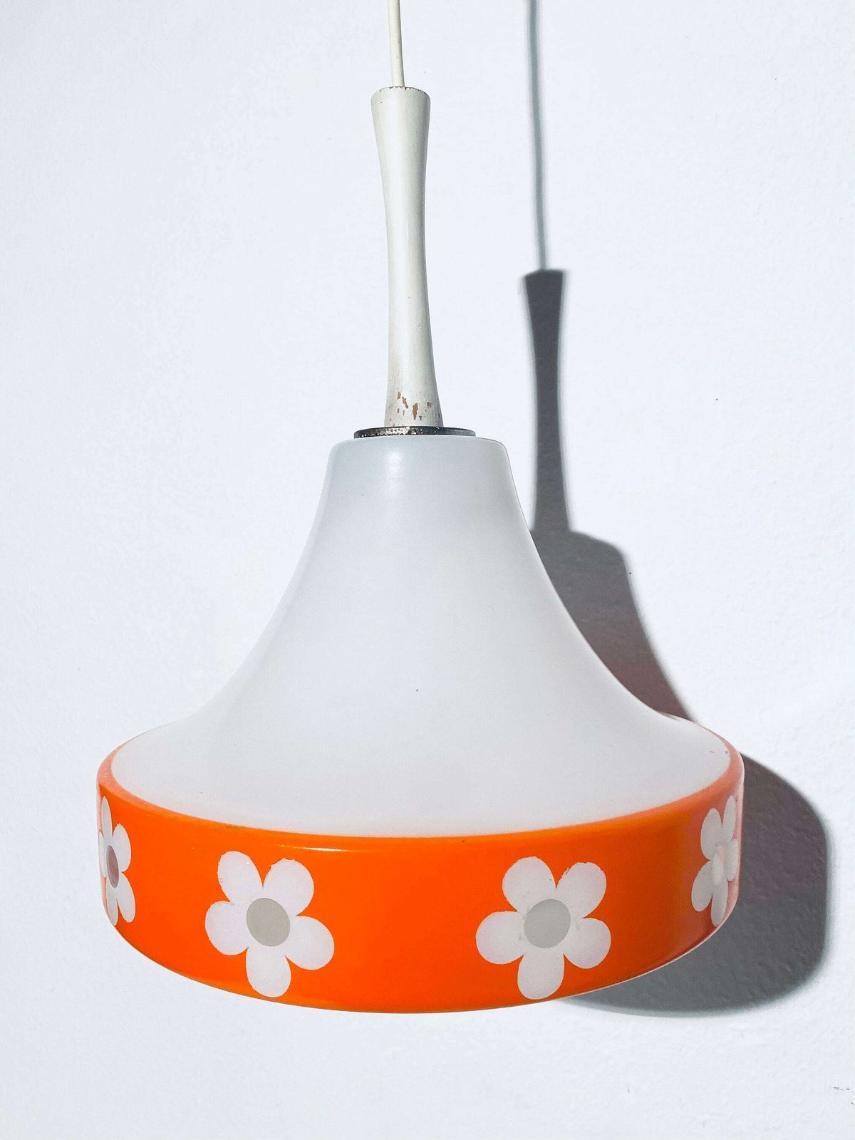 1970s Glass Hanging Lamp With Orange Flower Motif / Flower Power Vintage Kitchen Decor photo furniture