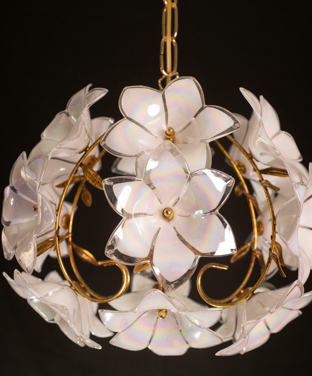 photo for sale Set Of 2 Murano Spherical Chandelier Full Of White Flowers, 1980s