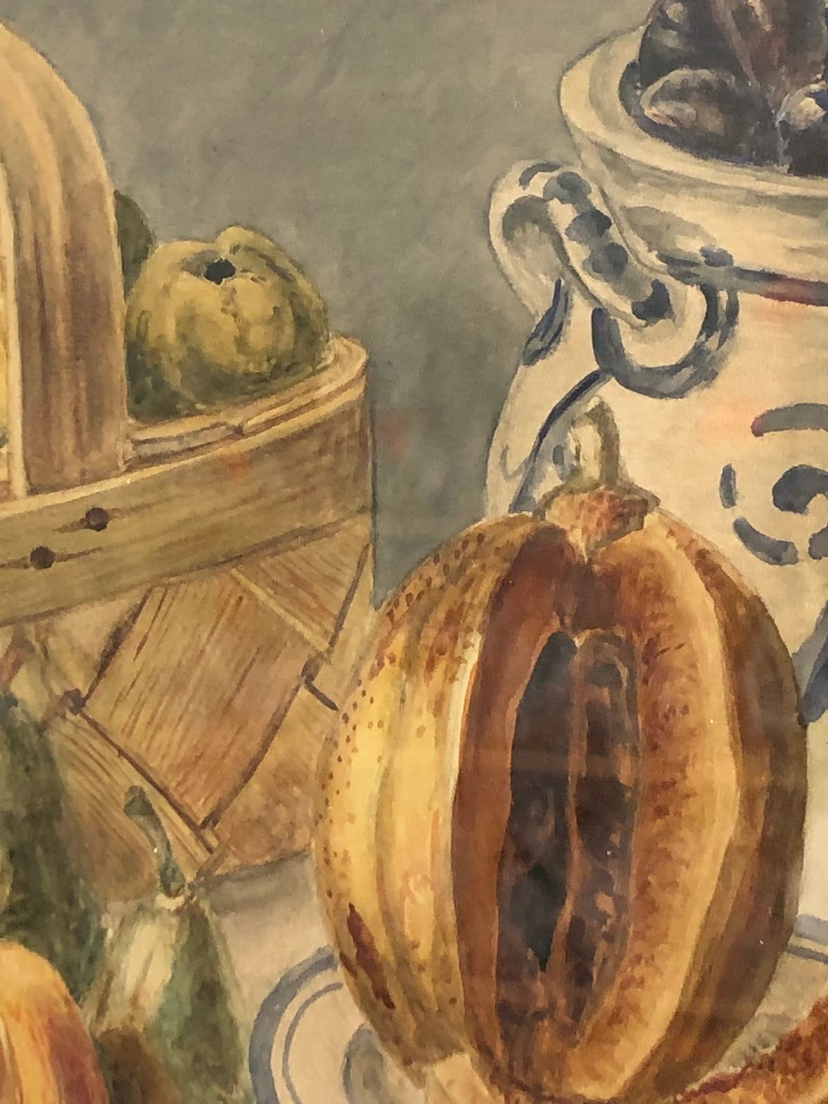 Antique Original Danish Still Life Watercolour From 1908 By Oh With Motive Of Fruit Served In Basket And Porcelain photo Art