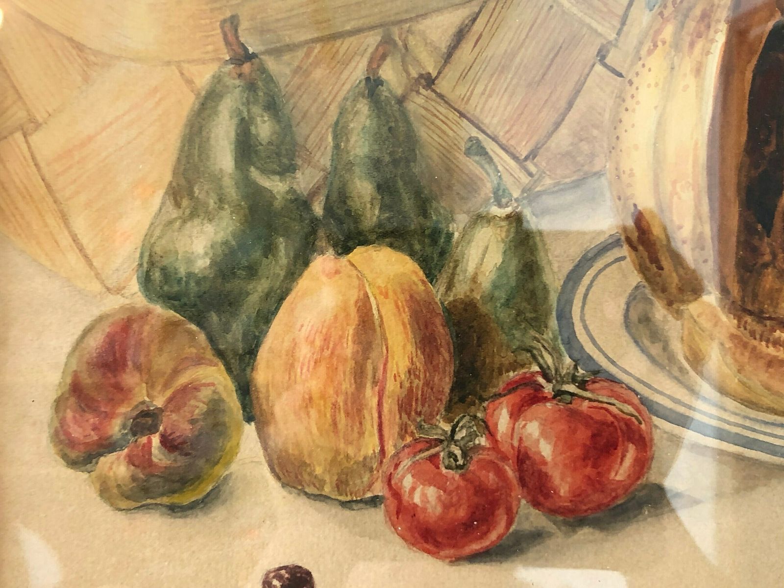 Antique Original Danish Still Life Watercolour From 1908 By Oh With Motive Of Fruit Served In Basket And Porcelain photo vinterior