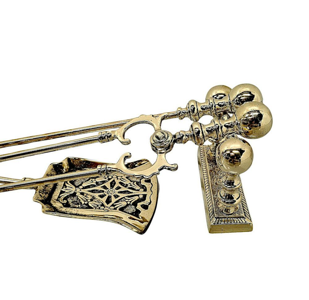 A Gorgeous Set Of 19th Century Fully Restored Brass Fire Irons And Dogs photo for sale