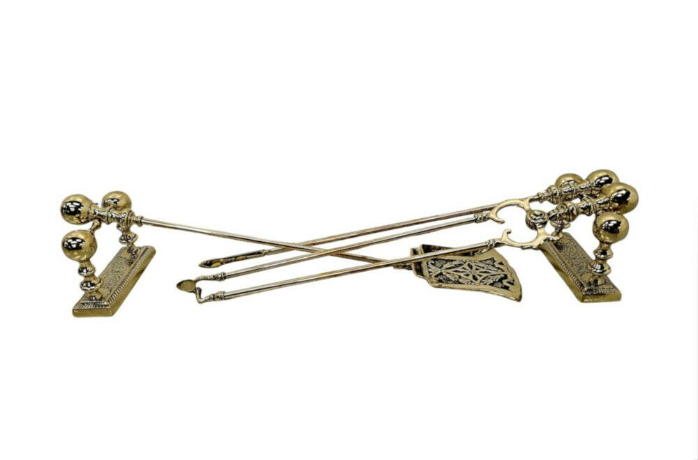 A Gorgeous Set Of 19th Century Fully Restored Brass Fire Irons And Dogs photo Home Fixtures