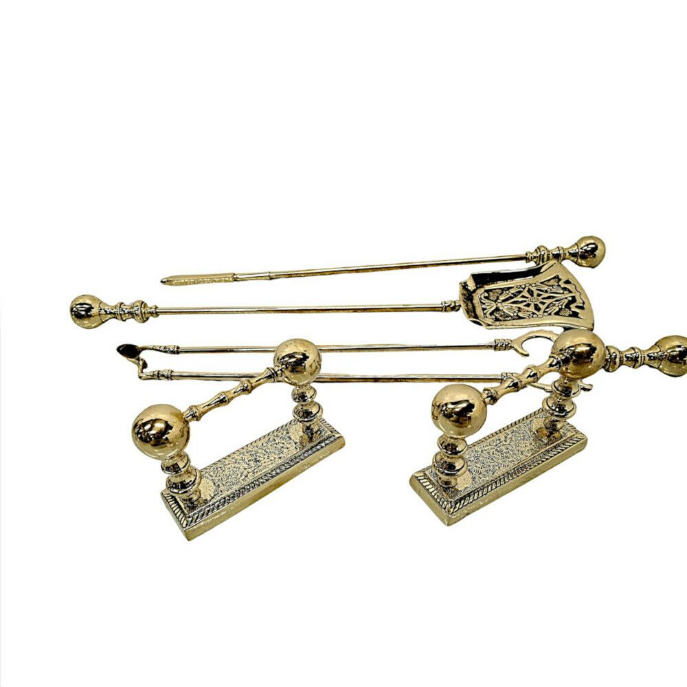A Gorgeous Set Of 19th Century Fully Restored Brass Fire Irons And Dogs photo 595.4605