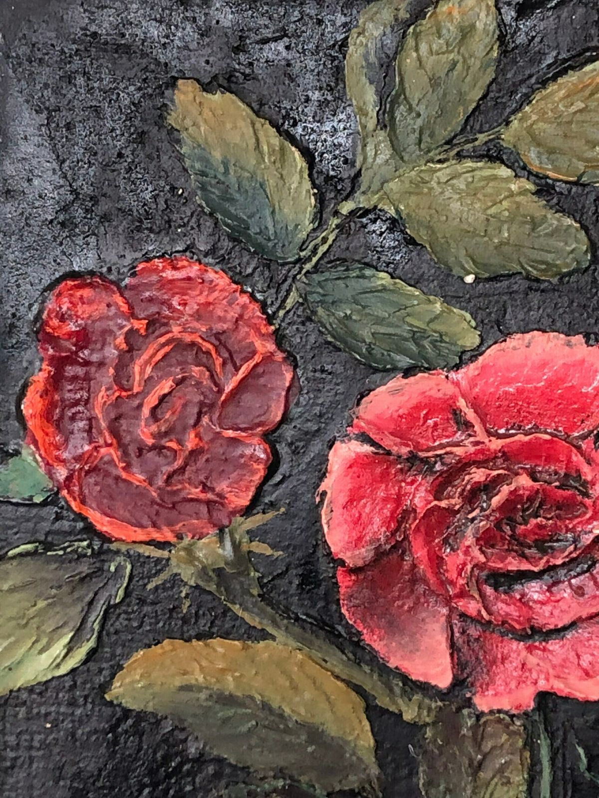 Danish Mid Century Cute Oil Painting From 1971 With Motive Of Red Rose Flowers In Relief Style And Strong Contrast Colours photo 193.0