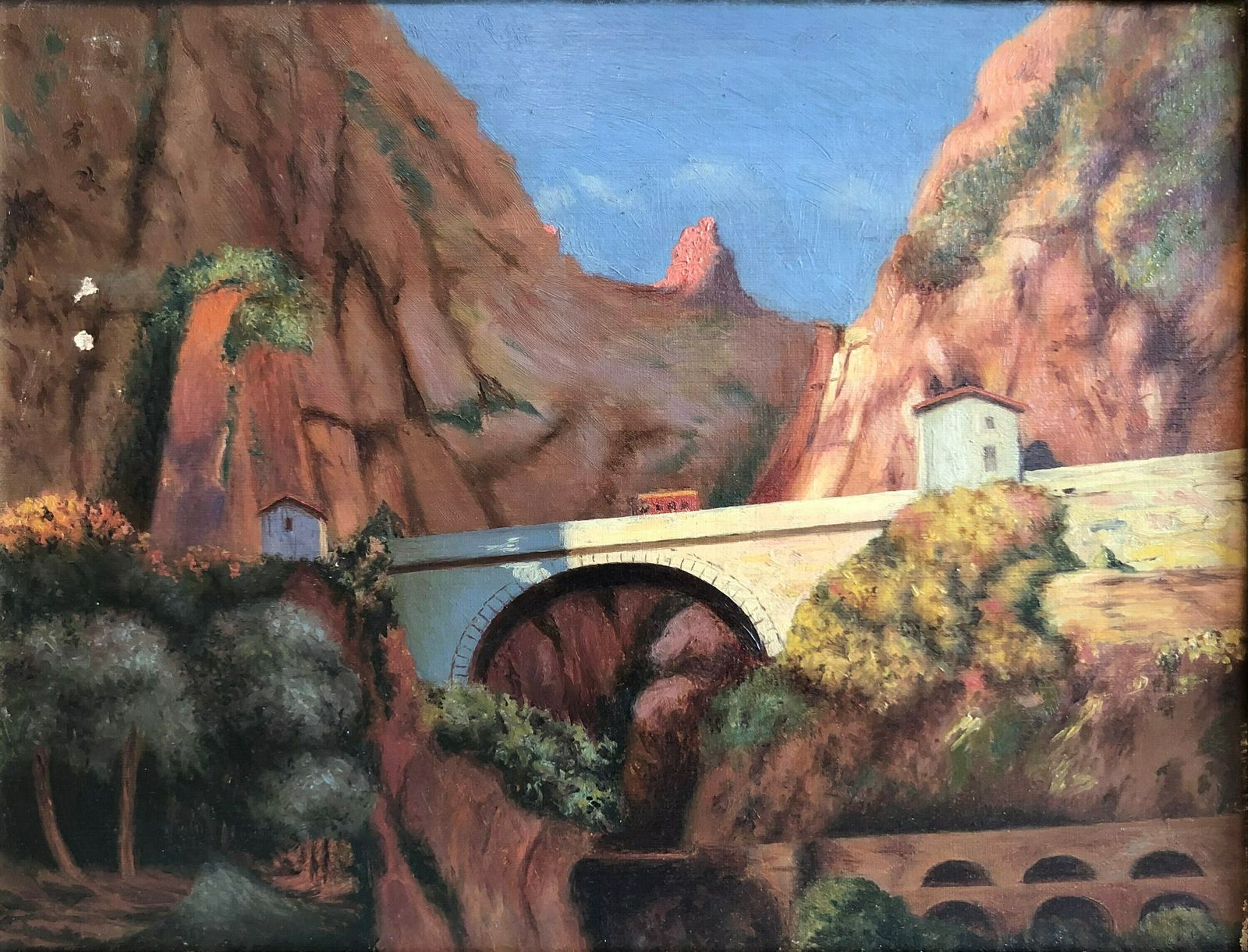 Antique Original Oil On Canvas Landscape Painting With Motive Of A Bridge In The Sunny Mountains   Exclusive Original Danish Art photo furniture