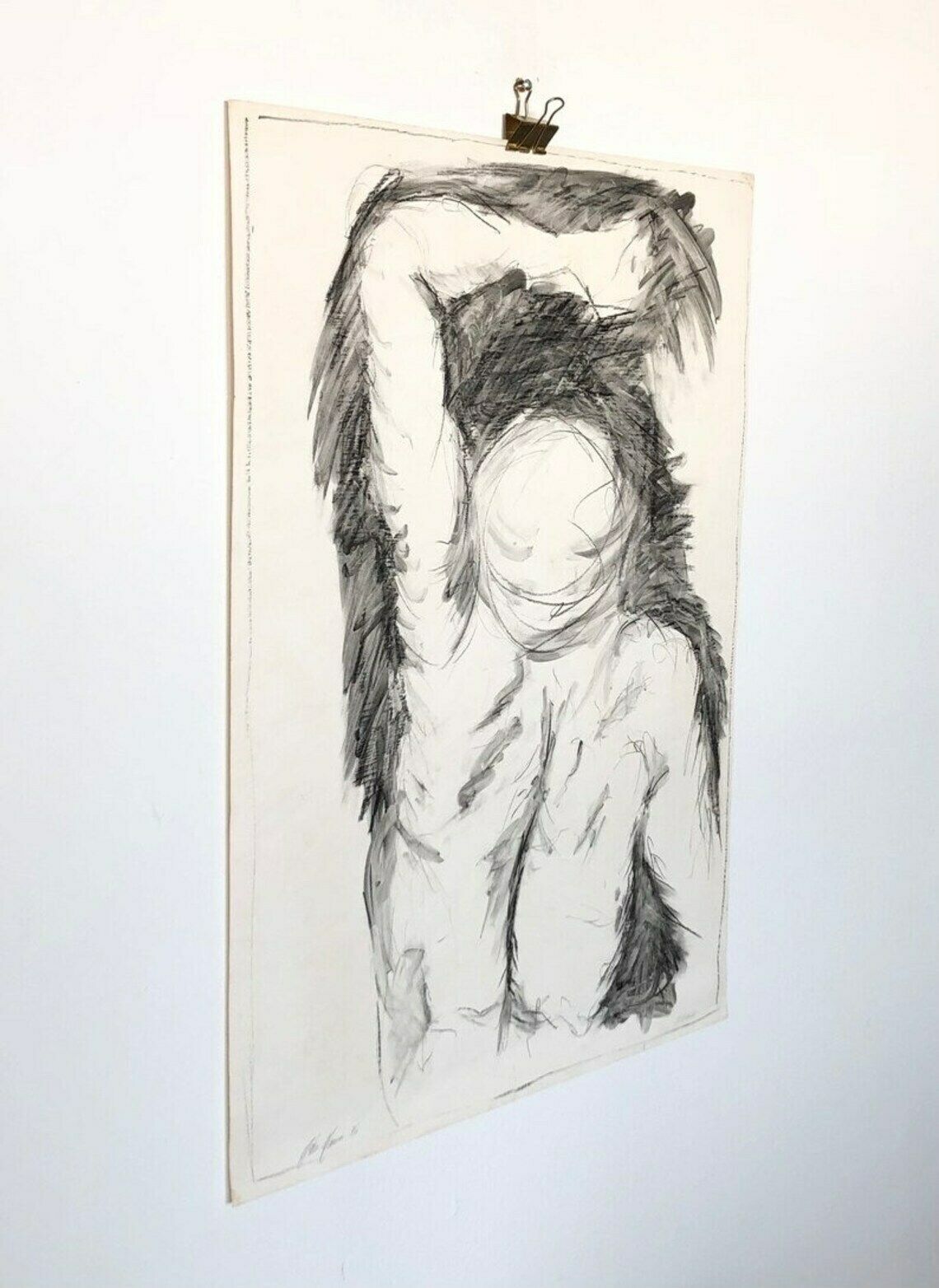 Danish Original John Hansen Vintage Drawing With Charcoal And Ink From 1986 With Abstract Figurative Torso Motive photo for sale