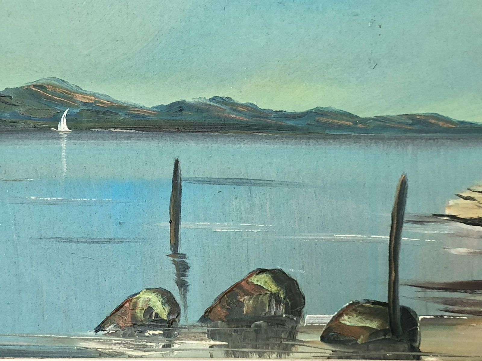 Danish Original Expressionist Erling Dyremose Mid Century Oil On Plate Painting In Great Colours With Motive Of Ocean View With Ships photo buy