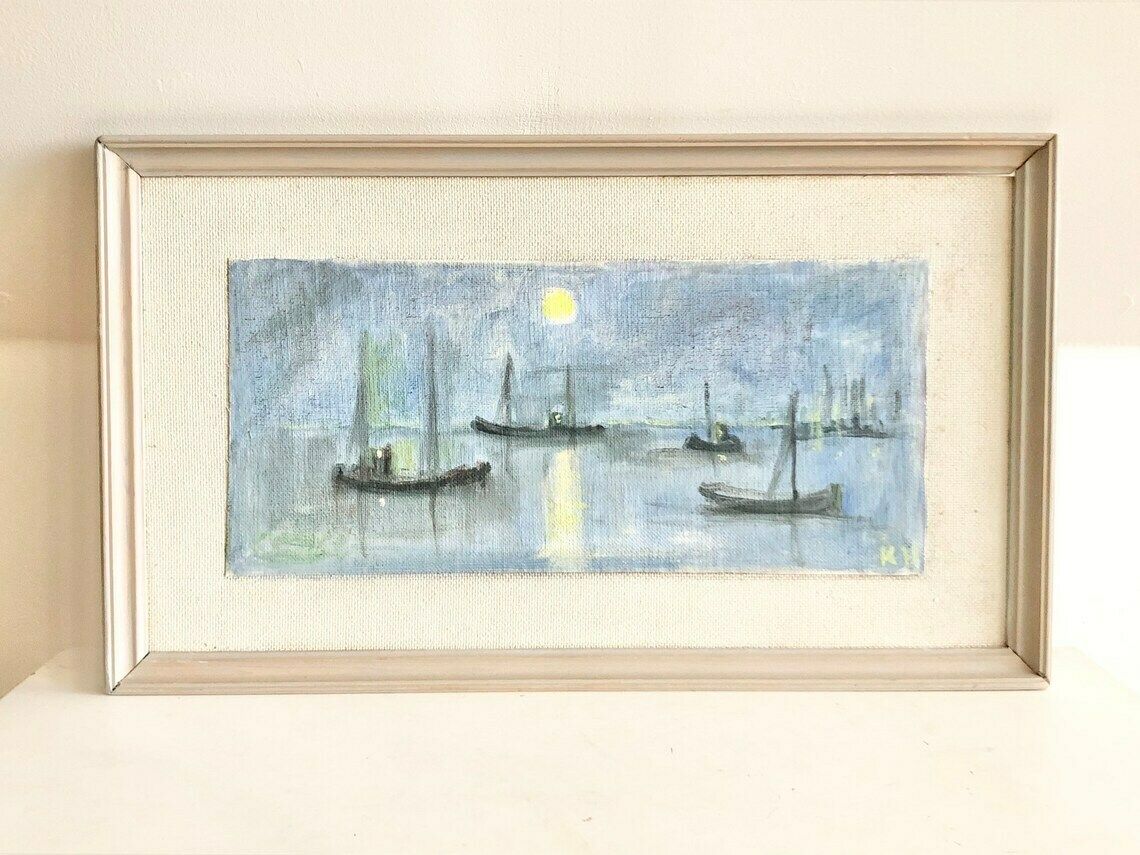 Vintage Oil Painting From Denmark Signed Kh With Motive Of Sailboats At Sea In A Beautiful Moonlight Setting