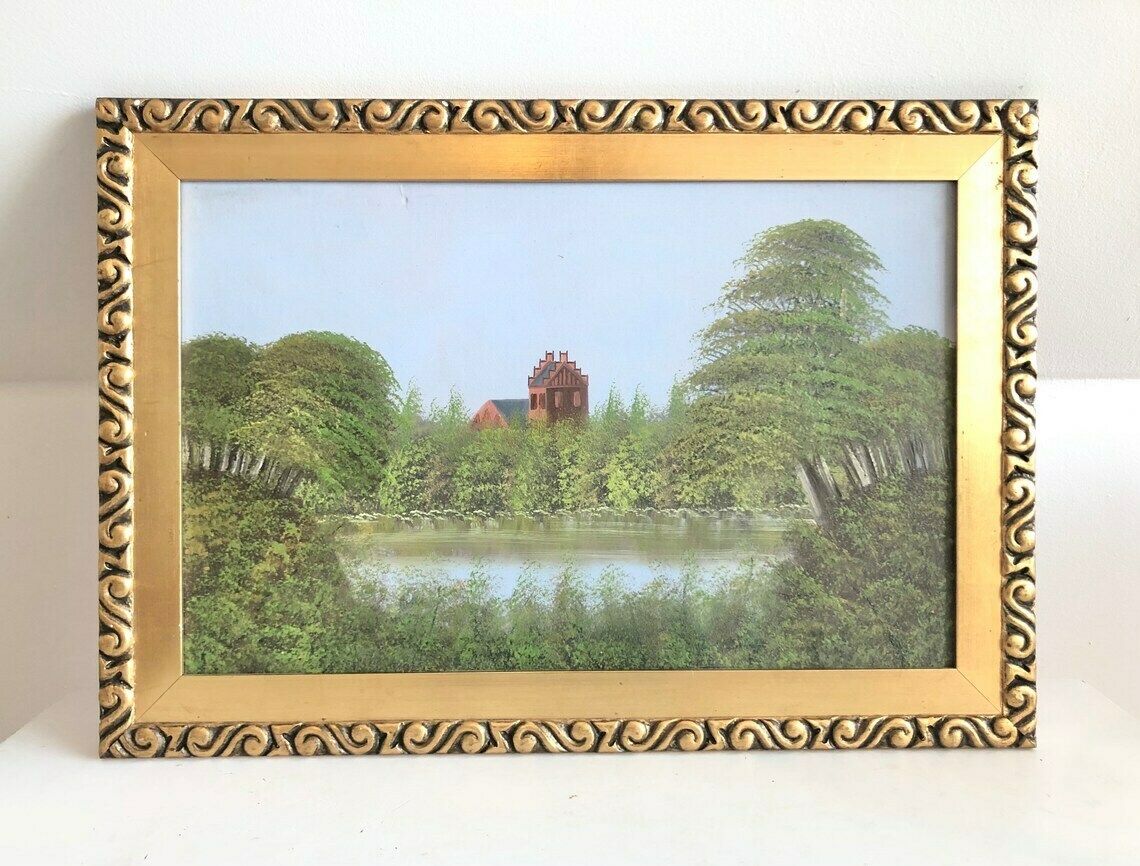 Original Vintage Oil On Plate Painting With Landscape Motive With A Church In Beautiful Gold Wood Frame