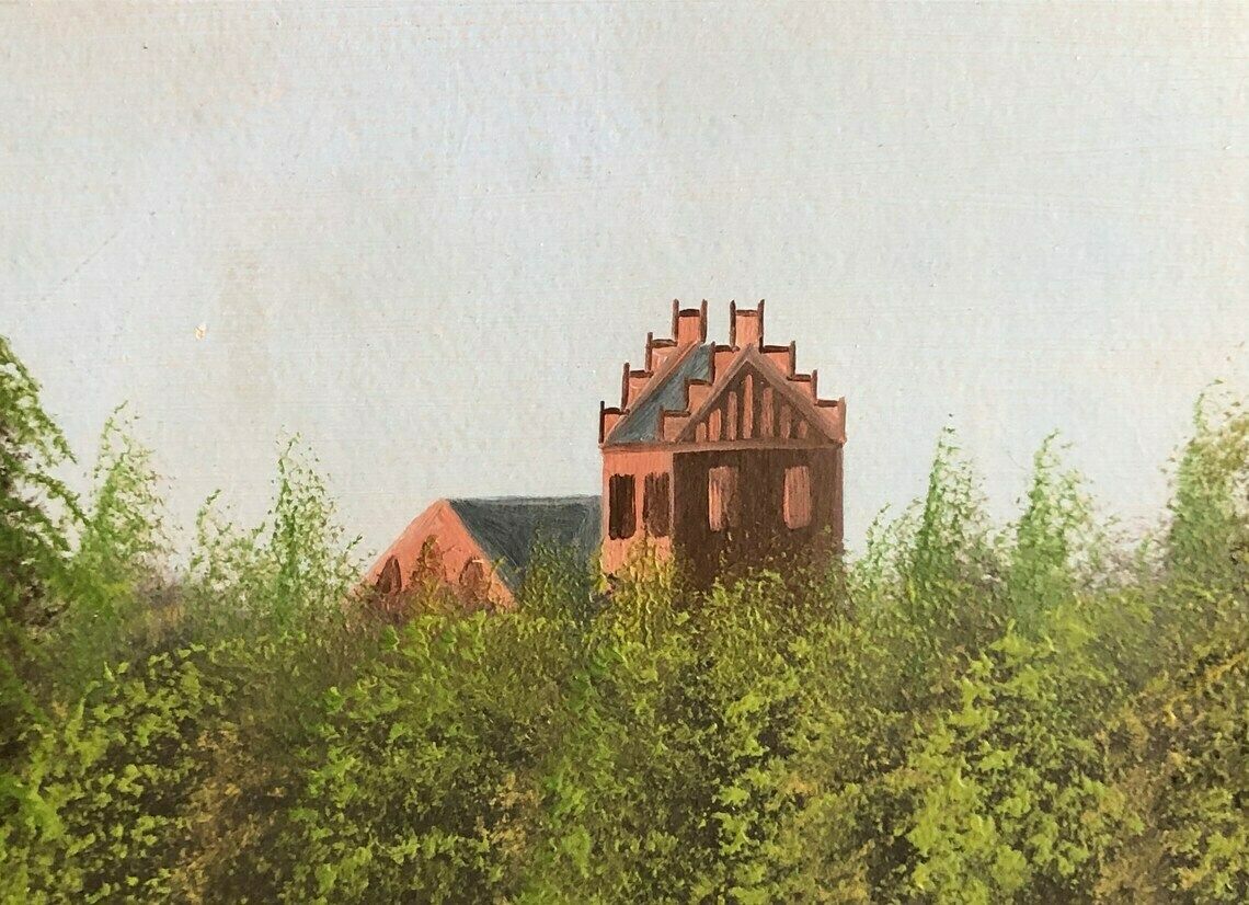 Original Vintage Oil On Plate Painting With Landscape Motive With A Church In Beautiful Gold Wood Frame photo furniture