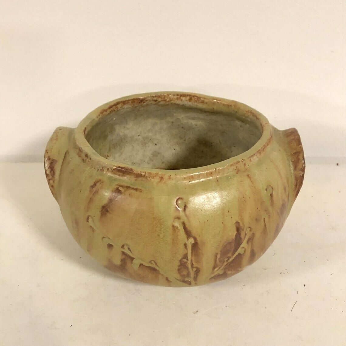 Danish Mid Century Fine Art Ceramic Bowl From 1983 With Gorgeous Beige And Brown Nuanced Glaze, Branch Decoration And Organic Shape photo furniture