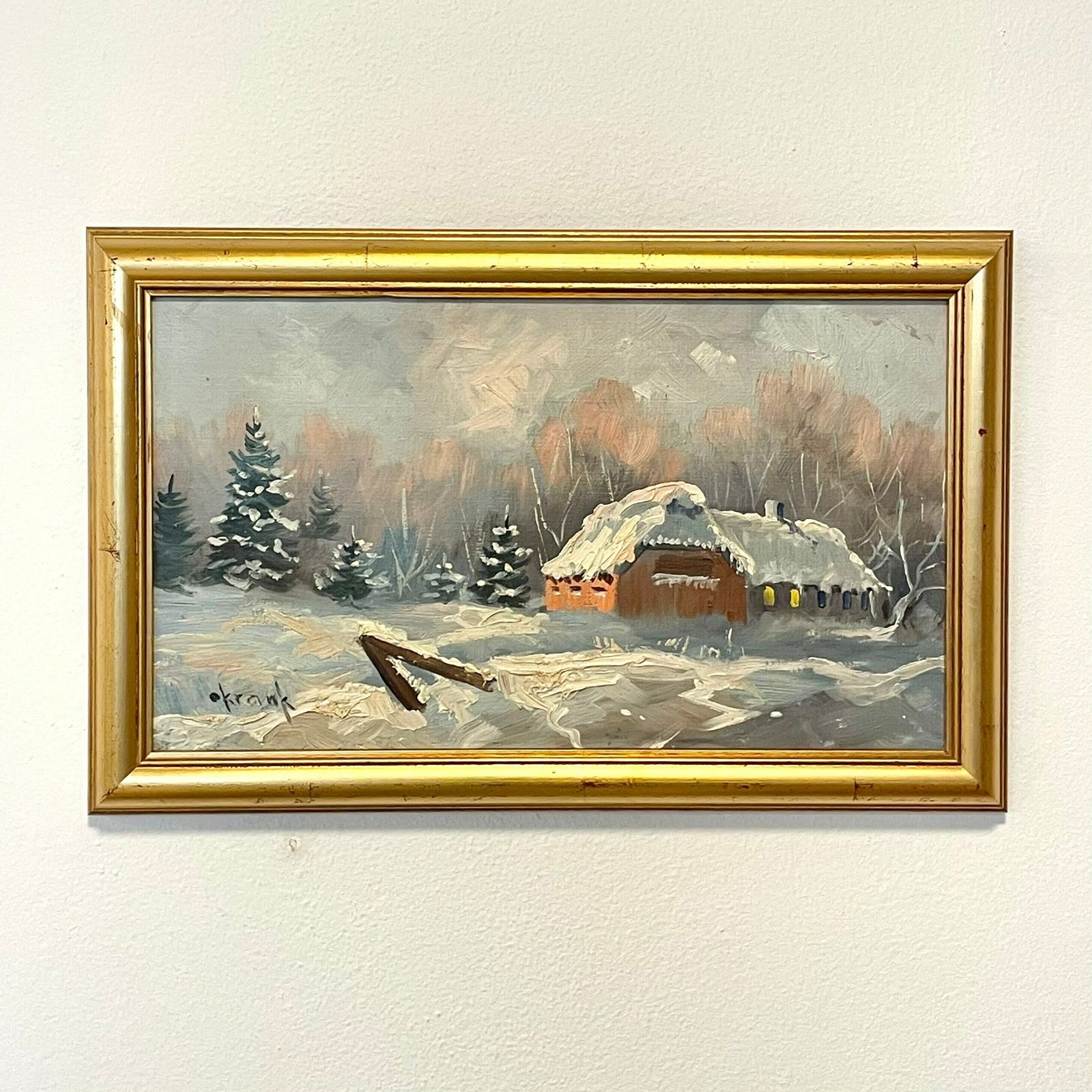 Original Danish Vintage Oil Painting By Otto Krank (1917 2009) From The 1960s   Winter Landscape With Farm And Beautiful Light
