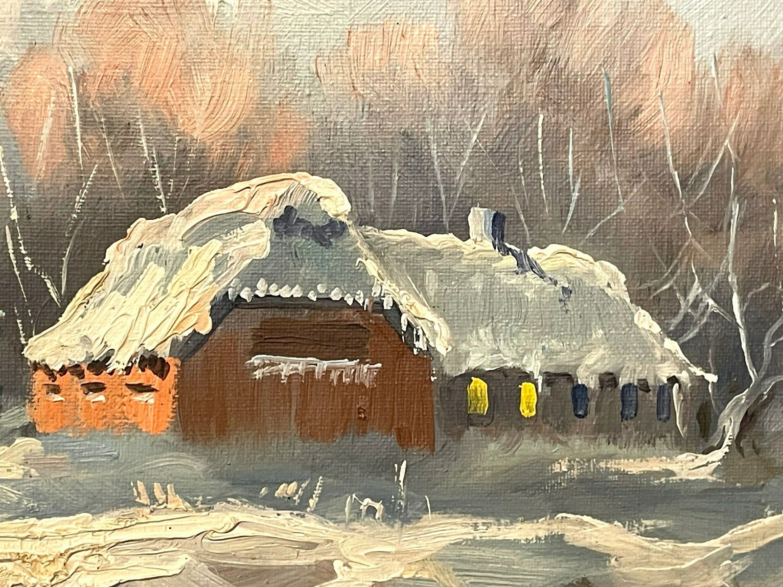 Original Danish Vintage Oil Painting By Otto Krank (1917 2009) From The 1960s   Winter Landscape With Farm And Beautiful Light photo 229.0