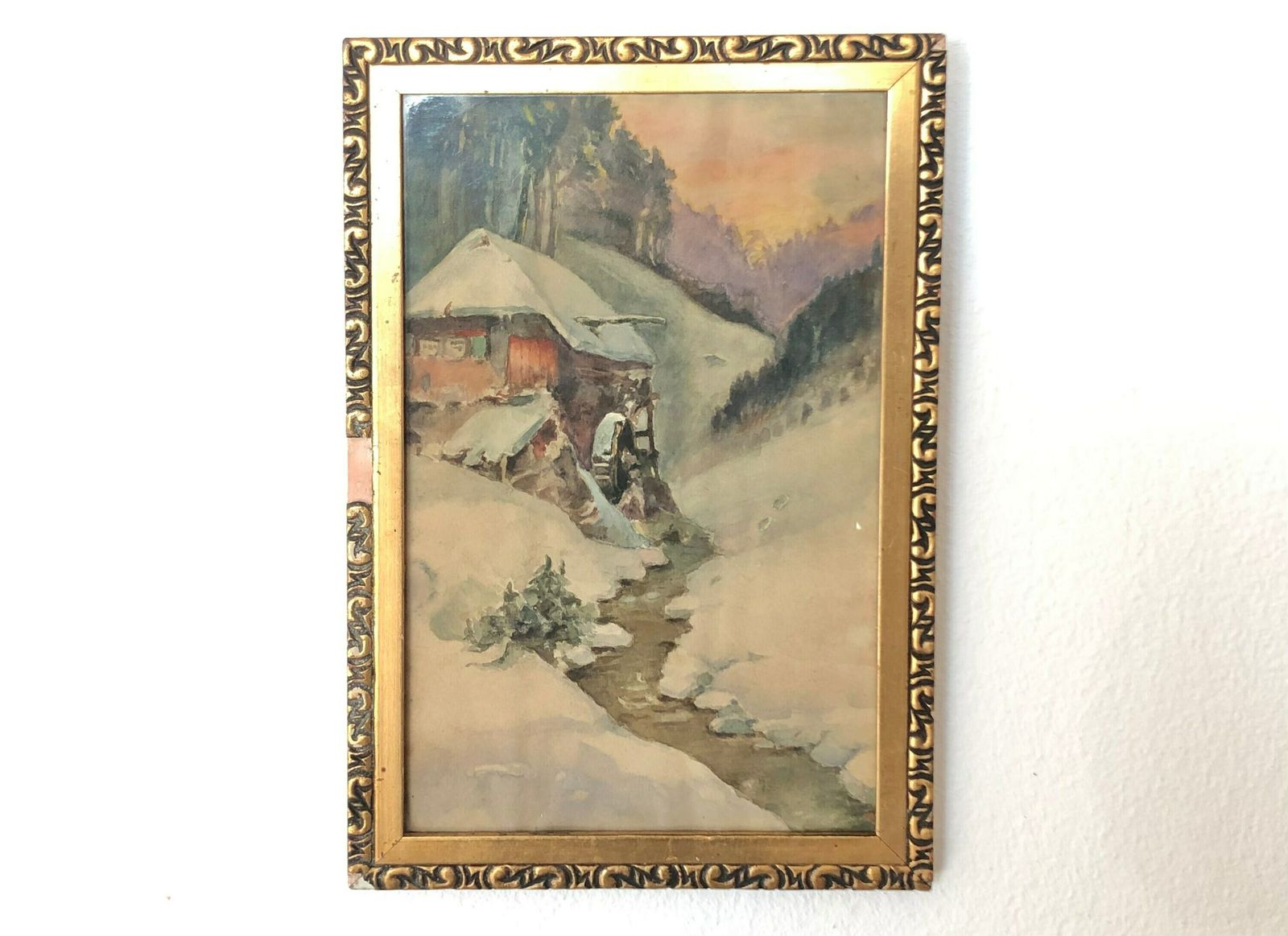 Beautiful Original Vintage Watercolour Drawing Of Winter Landscape And Small Watermill At A Creek