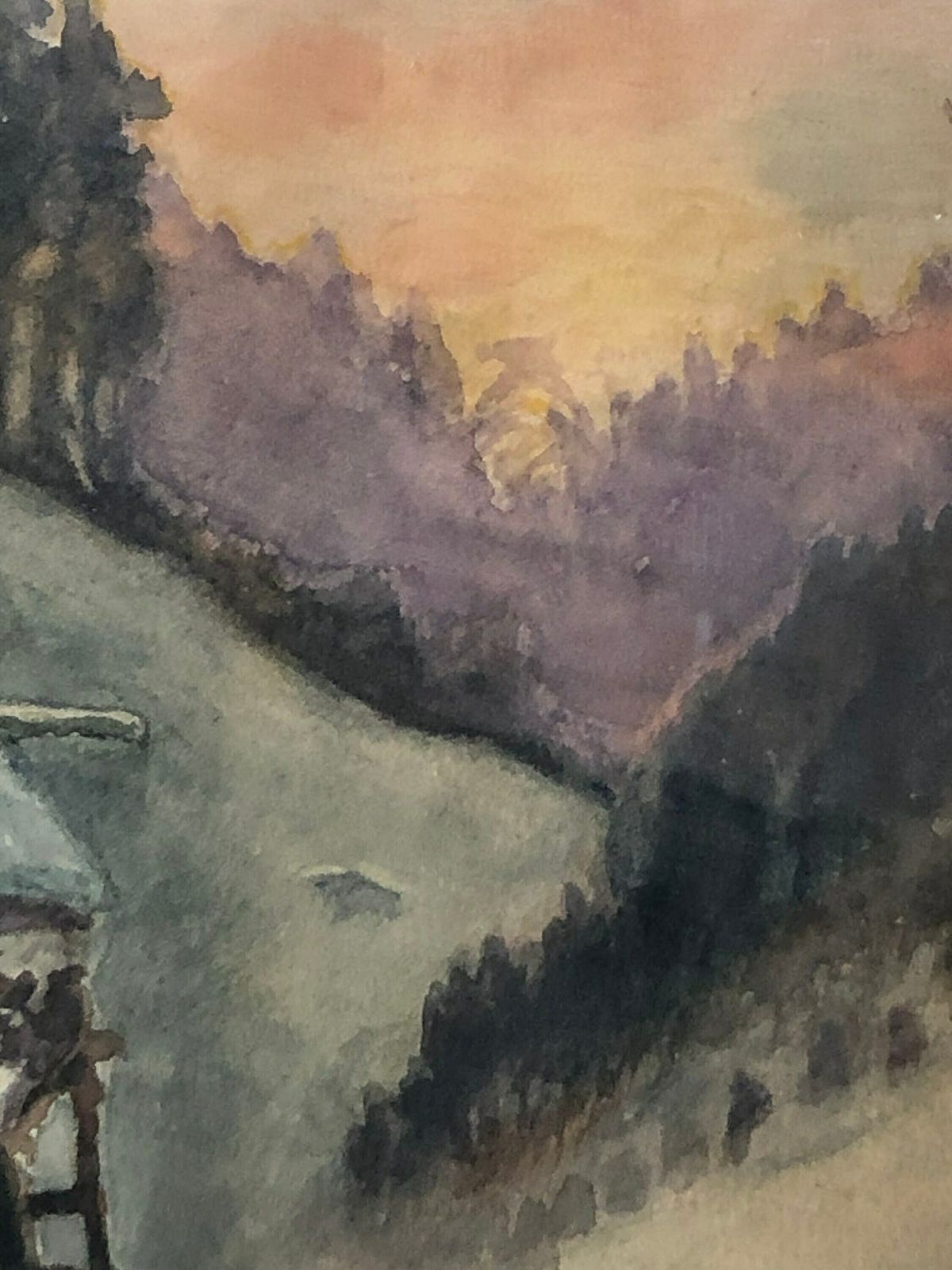 Beautiful Original Vintage Watercolour Drawing Of Winter Landscape And Small Watermill At A Creek photo Art