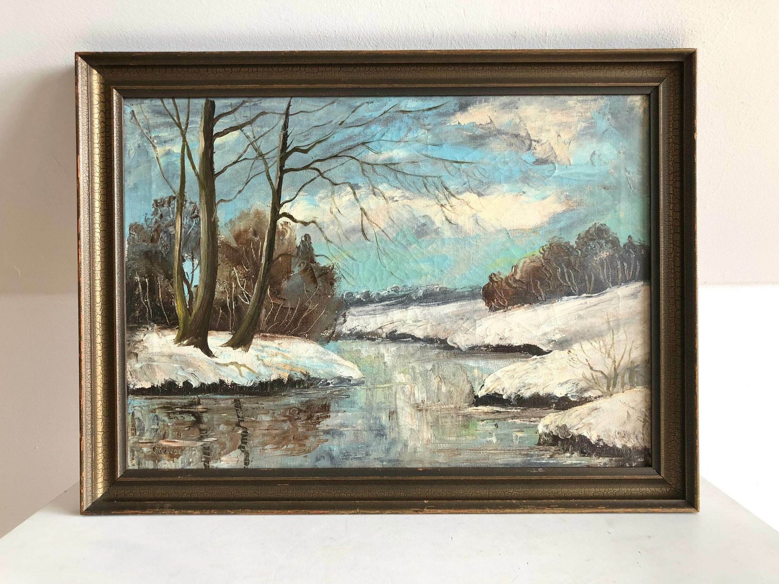 Vintage Oil Painting With Motive Of Winter Landscape From Odense Aa, Funen   Original Danish Art