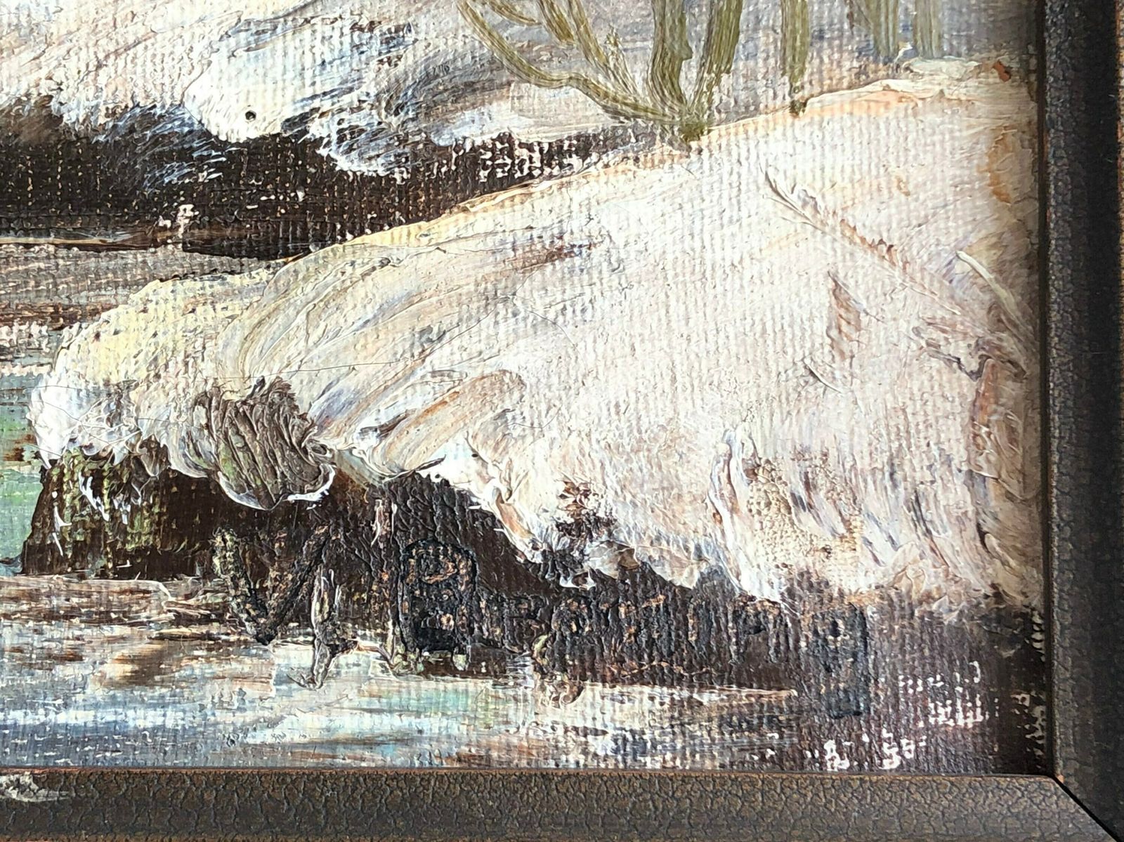Vintage Oil Painting With Motive Of Winter Landscape From Odense Aa, Funen   Original Danish Art photo vinterior
