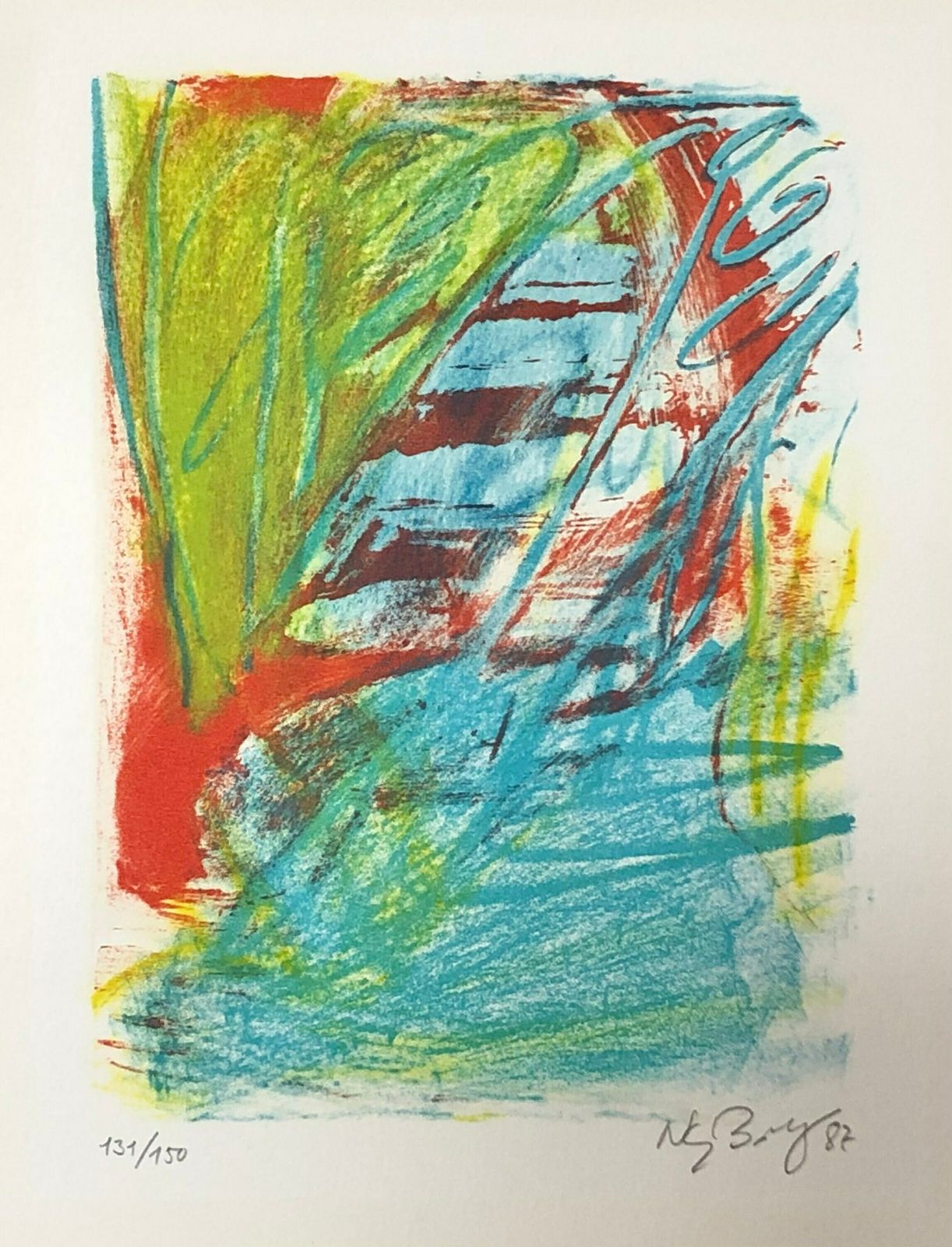 Original Danish Abstract Print From 1987 By Peter Nyborg (B.1937) In Strong Blue, Red And Green Colours photo furniture
