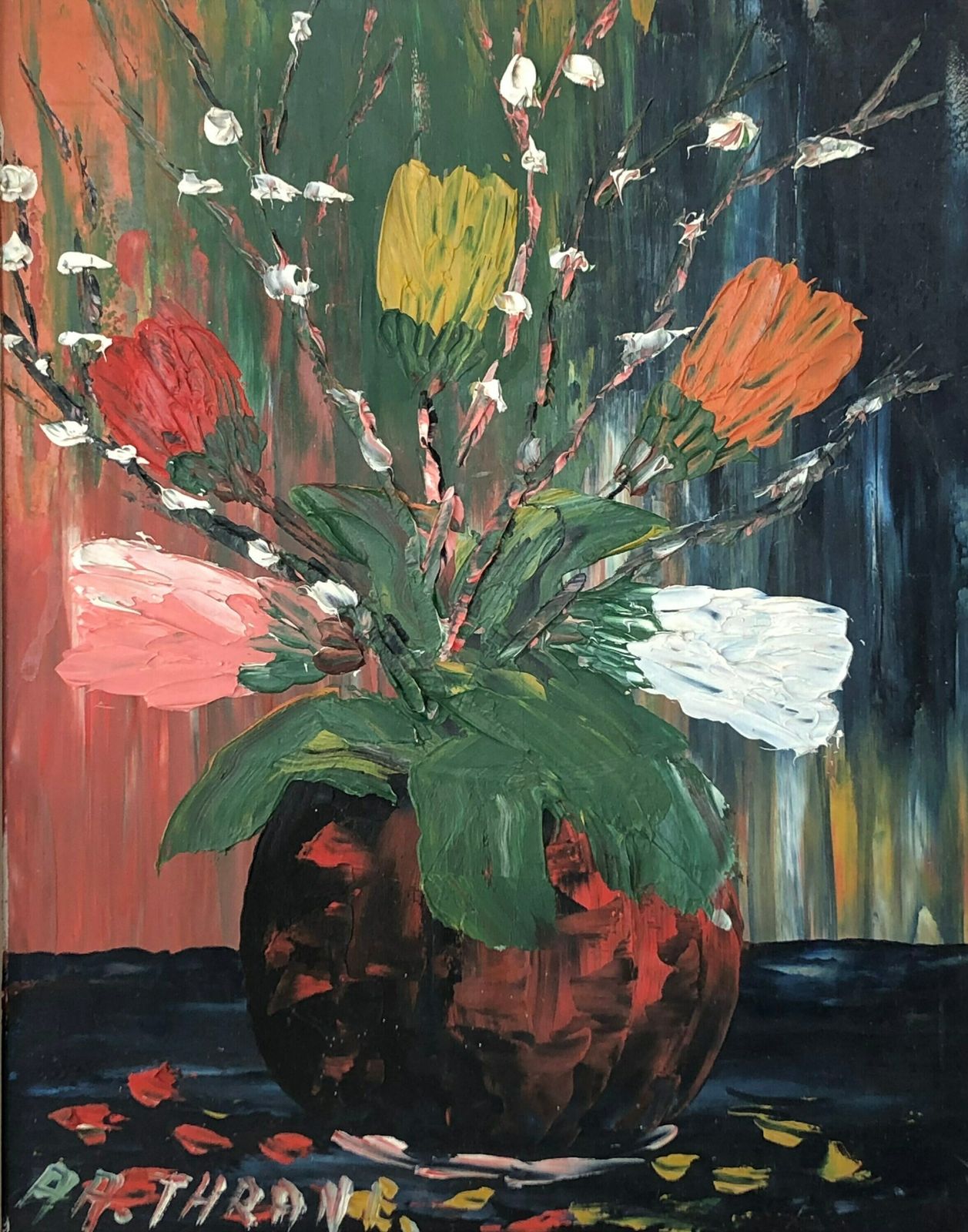 Danish Original Vintage Expressionist Painting By Aage Werner Thrane (1924 2000) With Still Life Motive Of Spring Flowers In Vase photo furniture