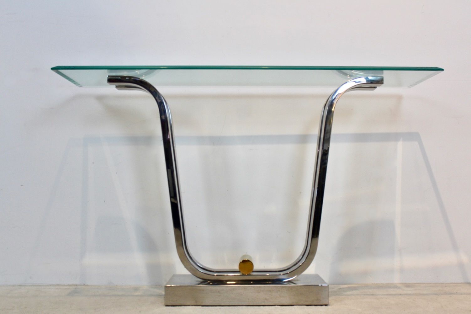 photo for sale Minimalist Curvaceous Stainless Steel, Brass And Glass Console Table