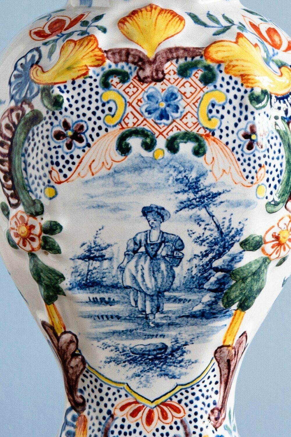 photo for sale Dutch Delftware, Pair Of Polychrome Covered Baluster Vases, 18th Century