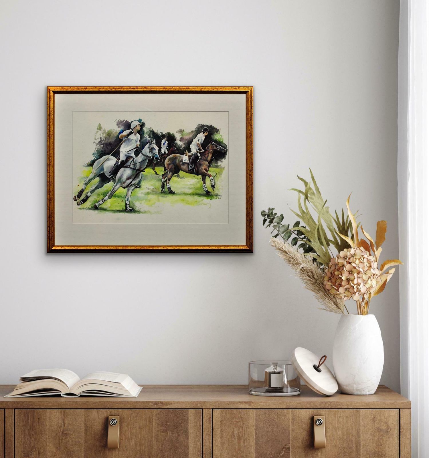 photo vintage Elin Sian Blake Polo Match, Cirencester, The First Chukka. Cotswolds. Parkland.Framed Watercolour.