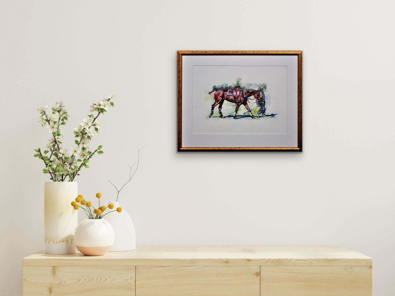Elin Sian Blake Polo Match, Cirencester, Player Leading Pony. Cotswolds. Framed Watercolour. photo vinterior