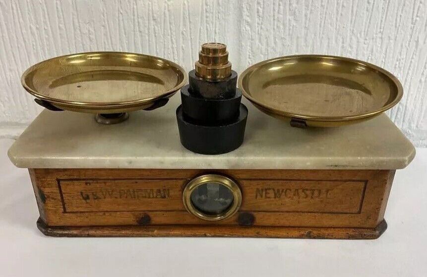 Antique French Marble & Wood Counter Scales & Weights G&W Pairman Bonfils Monneret Paris photo furniture