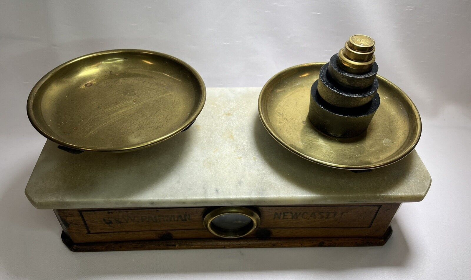 Antique French Marble & Wood Counter Scales & Weights G&W Pairman Bonfils Monneret Paris photo for sale