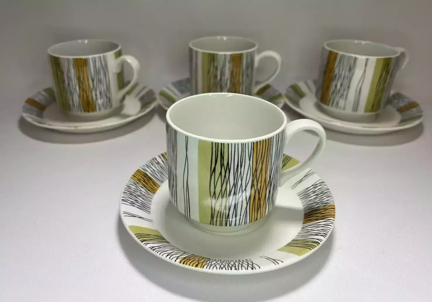 Vintage 1960s Midwinter Pottery Sienna Stripe 12 Piece Coffee Set Jessie Tait Design, 'Fine' Shape photo for sale