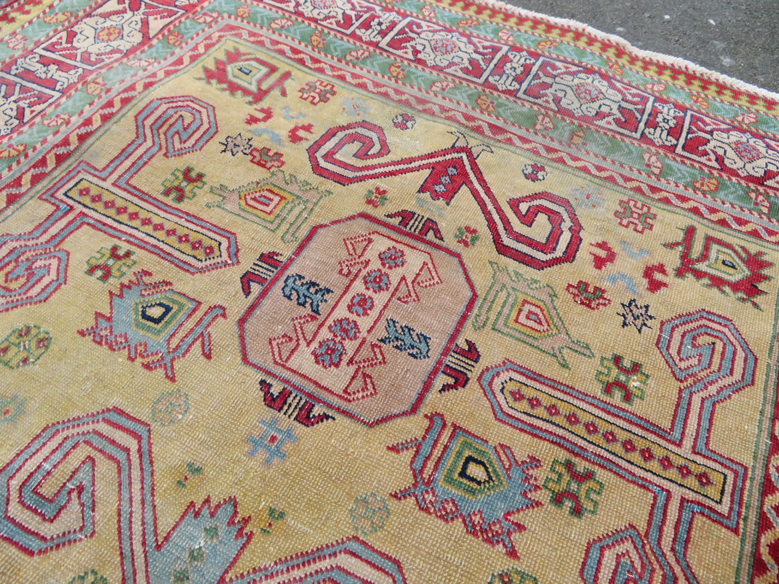 Distressed Yellow Ground Antique Caucasian Erivan Armenian Perepedil Rug. 162cm X 105cm. photo for sale
