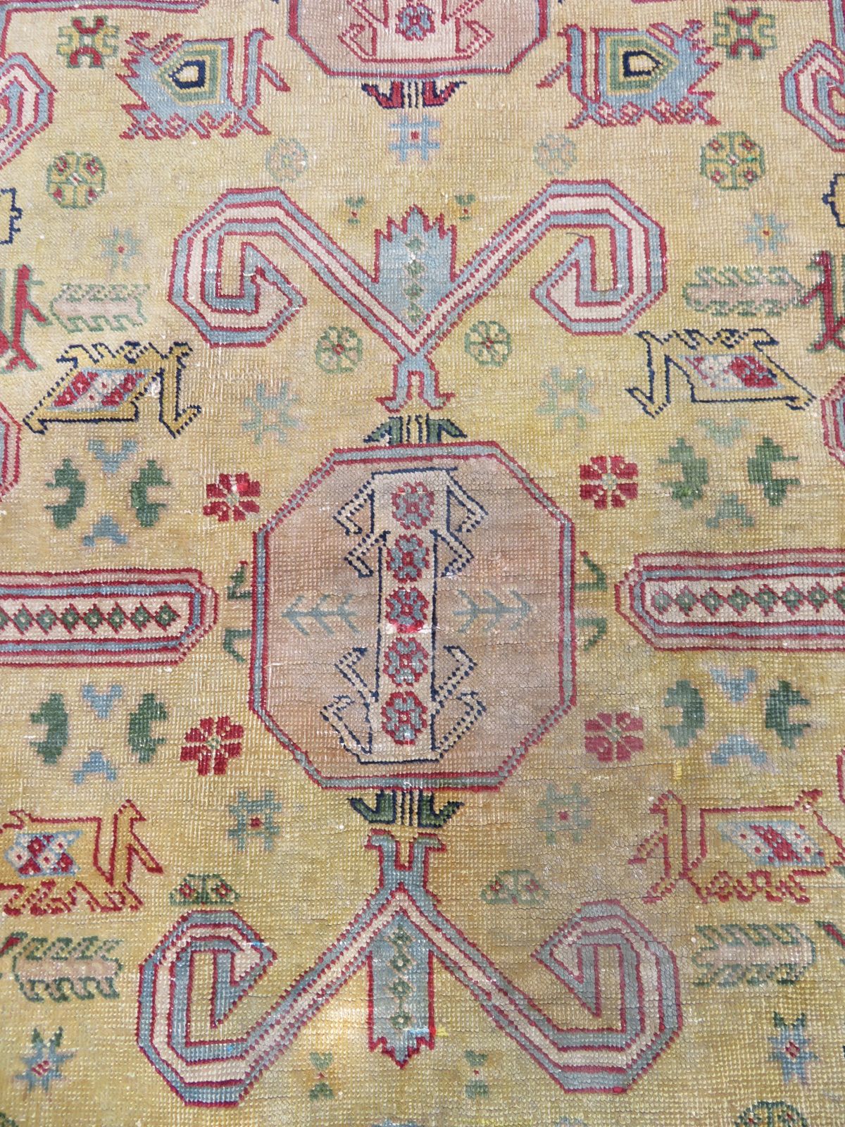 Textiles Distressed Yellow Ground Antique Caucasian Erivan Armenian Perepedil Rug. 162cm X 105cm. photo