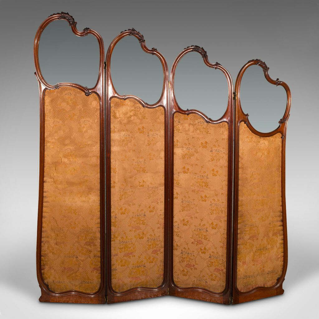 6' 6'' Tall Antique Privacy Screen, French Walnut, Glass, Art Nouveau, Victorian photo furniture