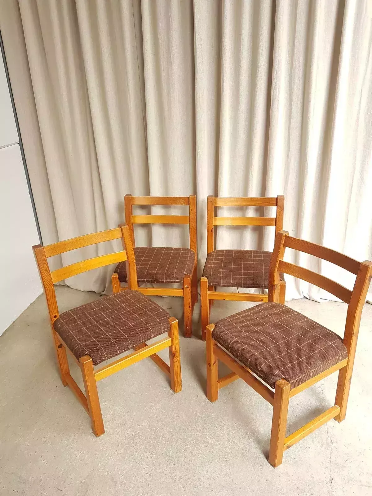 Vtg Late Mid Century Danish Set Of 4 Solid Pine Brutalist Dining Chairs R439 photo buy
