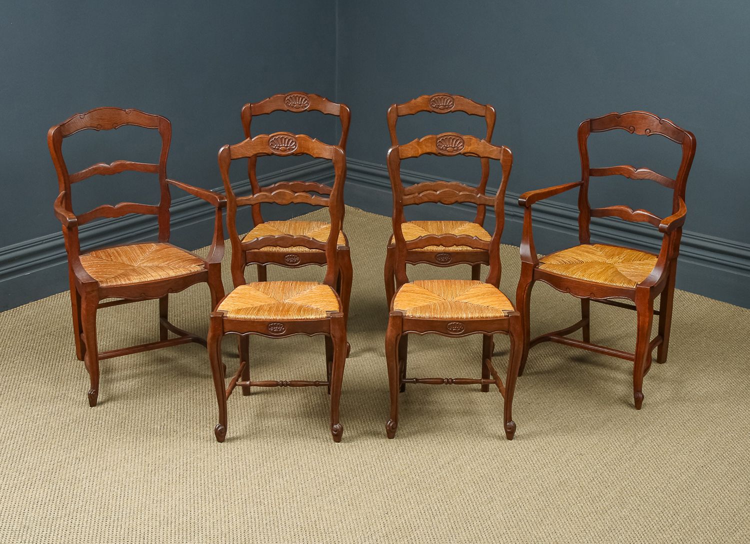 French Set Of 6 Six Louis XV Style Oak Ladder Back Rush Seat Kitchen Dining Chairs (Circa 1920) photo furniture