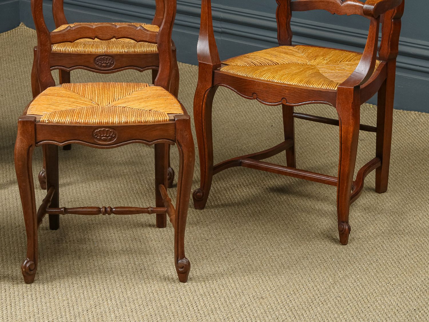 French Set Of 6 Six Louis XV Style Oak Ladder Back Rush Seat Kitchen Dining Chairs (Circa 1920) photo for sale