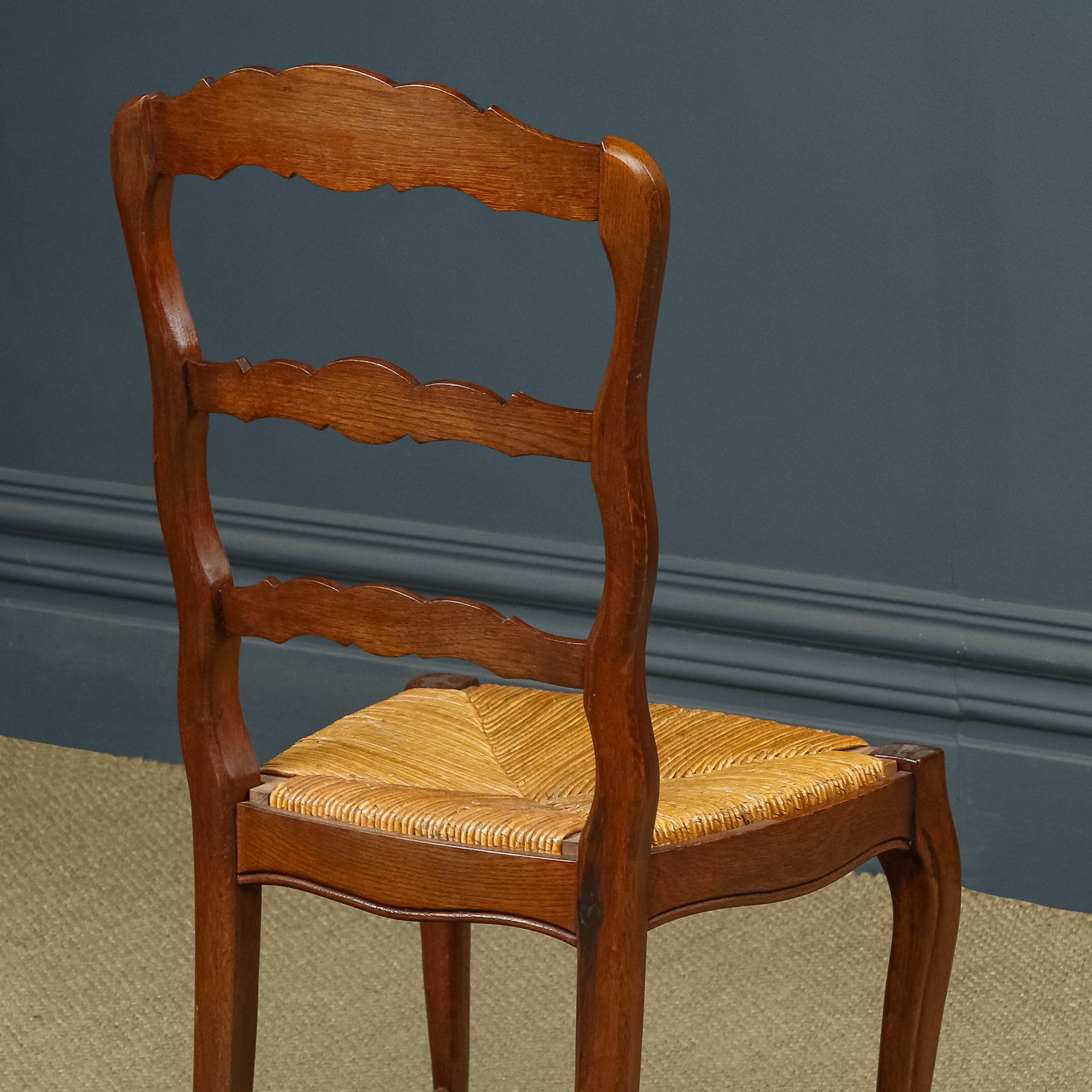 French Set Of 6 Six Louis XV Style Oak Ladder Back Rush Seat Kitchen Dining Chairs (Circa 1920) photo vintage