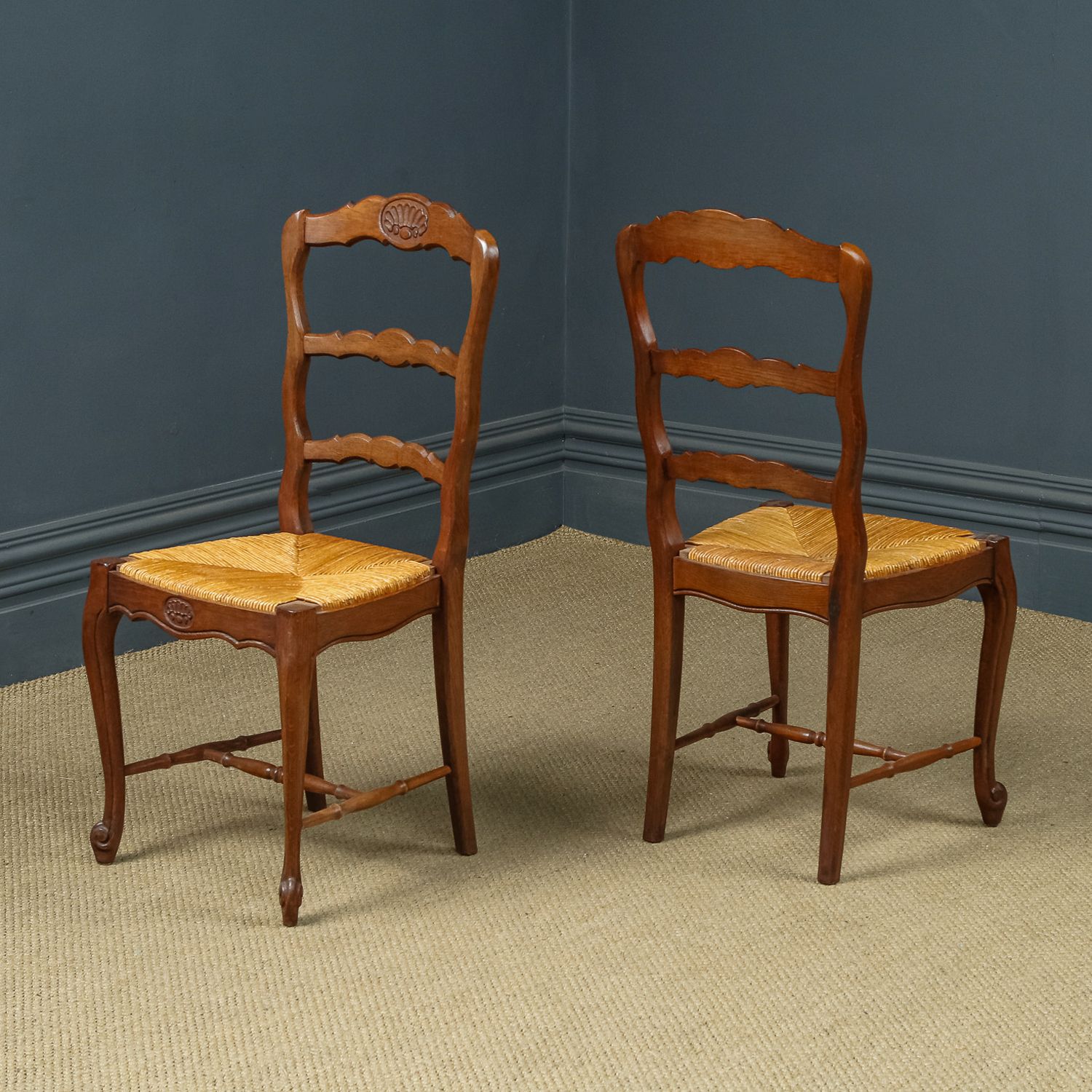 photo furniture French Set Of 6 Six Louis XV Style Oak Ladder Back Rush Seat Kitchen Dining Chairs (Circa 1920)
