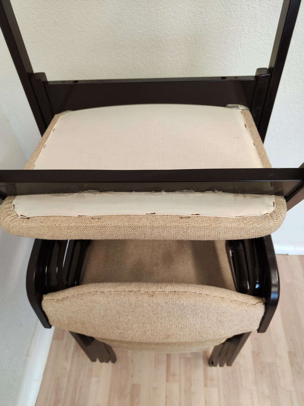 Set Of 5 Vintage Stackable Dining Chairs / Mid Century 1970s Black Wooden Dine Chairs With Beige Fabric / Bentwood Technique photo 1100.0