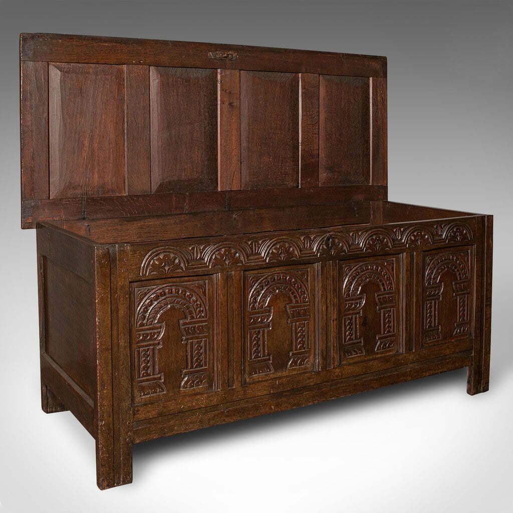 Large Antique Coffer, English, Oak, Carved Trunk, Window Seat, William III, 1700 photo furniture