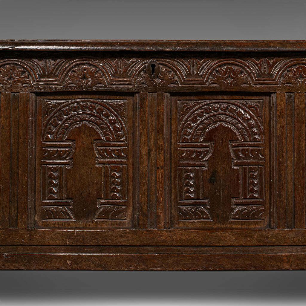 photo furniture Large Antique Coffer, English, Oak, Carved Trunk, Window Seat, William III, 1700